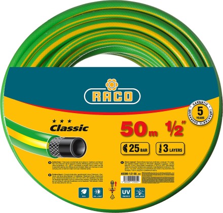 Шланг RACO CLASSIC поливочный, 25атм., армированный, 3-х слойный, 1/2&quot;х50м 40306-1/2-50_z01 купить в Ноябрьске