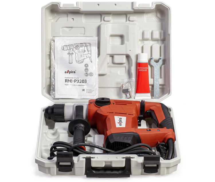 Перфоратор ESPIRA RHI-P3203 (sds plus, 220–240В/50Гц, мощн.1500Вт, ск. хол хода 950 об/м, эн.уд .4,0 Дж, 5.6 кг), 400452 купить в Ноябрьске