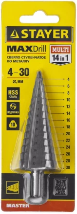 Сверло STAYER "MASTER" ступенчатое по сталям и цвет.мет., сталь HSS, d=4-30мм, 14ступ.d4-30, L-100мм, трехгран. хв.10мм 29660-4-30-14 купить в Ноябрьске