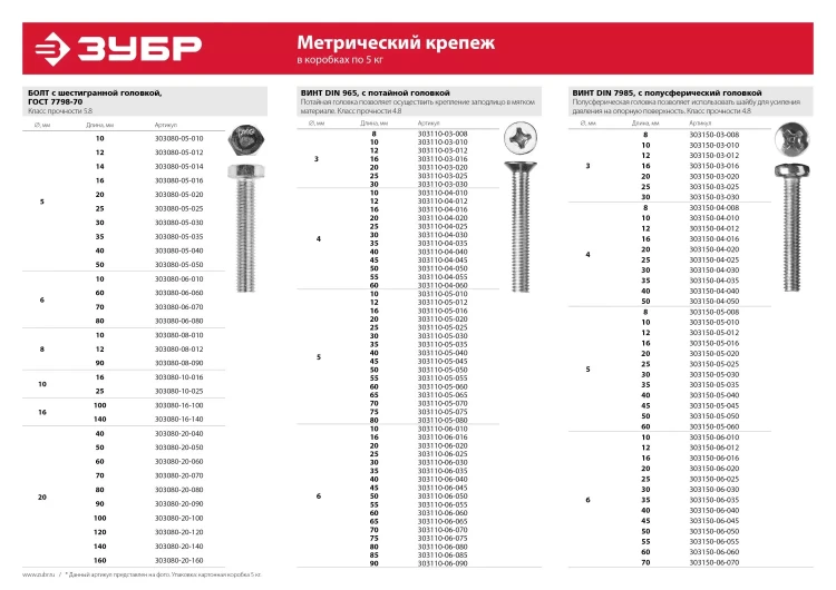Винт ЗУБР "МАСТЕР" DIN 965, класс прочности 4.8, оцинкованный, M6x10мм, 5кг 303110-06-010 купить в Ноябрьске