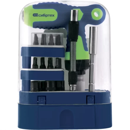 Отвертка Т-образная реверсивная с набором бит торцевых головок 33 предмета CrV Сибртех артикул 13382 купить в Ноябрьске