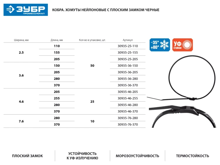 Кабельные стяжки черные КОБРА, с плоским замком, 3.6 х 150 мм, 50 шт, нейлоновые, ЗУБР 30935-36-150 купить в Ноябрьске