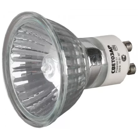Лампа галогенная СВЕТОЗАР с защитным стеклом, алюм. отражатель, цоколь GU10, диаметр 51мм, 50Вт, 220В SV-44825 купить в Ноябрьске