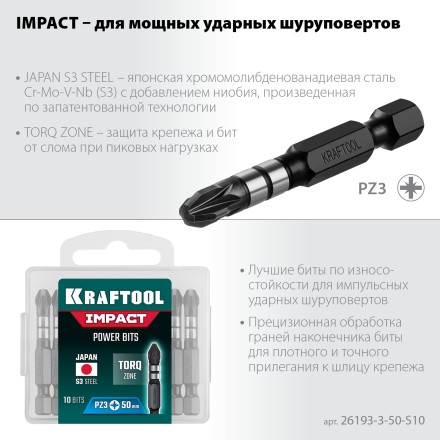 Биты для ударных шуруповертов KRAFTOOL Impact Pro PZ 26193-3-50-S10 купить в Ноябрьске