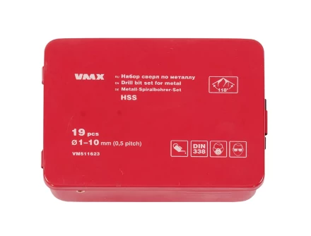 Набор сверл для металла HSS Ф1-10 мм шаг 0,5 мм 19 штук металлический футляр VMX 511623 купить в Ноябрьске