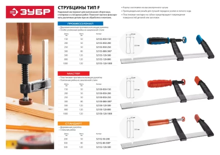 Струбцина ЗУБР &quot;ПРОФЕССИОНАЛ&quot;, тип &quot;F&quot;, двухкомпонентная ручка, стальная закаленная рейка, 80х300мм 32155-080-300 купить в Ноябрьске
