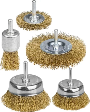 STAYER &quot;PROFESSIONAL&quot;. Набор щеток-крацовок для дрели, витая стальная латунированная проволока 0,3мм, диск. 50,75мм, чаш. 50,75мм, кист. 25мм, 5шт 35157-H5_z01 купить в Ноябрьске