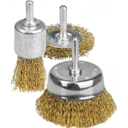 STAYER &quot;PROFESSIONAL&quot;. Набор щеток-крацовок для дрели, витая стальная латунированная проволока 0,3мм, диск. 50мм, чаш. 50мм, кистевая 25мм, 3шт 35152-H3_z01 купить в Ноябрьске