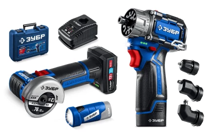 ЗУБР КОМБИ #5 набор: дрель-шуруповерт + мини УШМ + LED фонарь, BRUSHLESS, 12 В, 45 Н·м, 2 АКБ тип Т7 (4 и 2 А·ч), кейс, Профессионал (DB-125-42ABF) купить в Ноябрьске