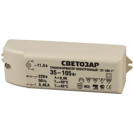 Трансформатор СВЕТОЗАР электронный для галогенных ламп напряжением 12В, вход/выход с одной стороны, 35-105Вт SV-44961 купить в Ноябрьске