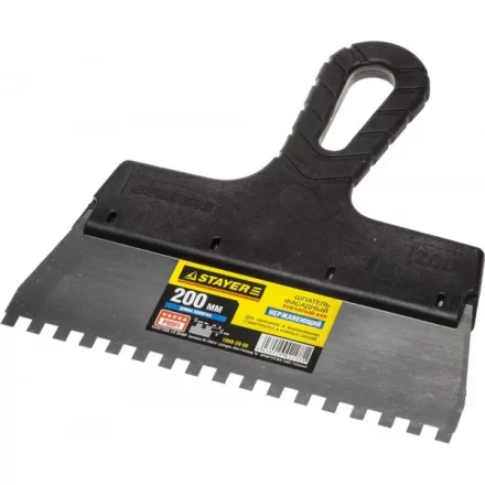 Шпатель STAYER &quot;PROFESSIONAL&quot; нержавеющий зубчатый с пластмассовой ручкой, 200мм, зуб 6х6мм 1009-20-06 купить в Ноябрьске