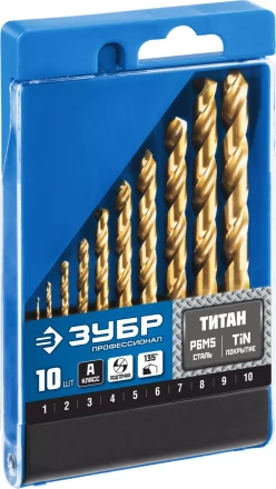 ЗУБР ТИТАН, 10 шт, (1-10 мм), сталь Р6М5, класс А, титановое покрытие, набор сверл по металлу, Профессионал (29615-H10) купить в Ноябрьске