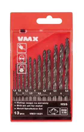 Набор сверл для металла HSS Ф1,5-6,5 мм 13 штук пластиковый футляр VMX 511621 купить в Ноябрьске