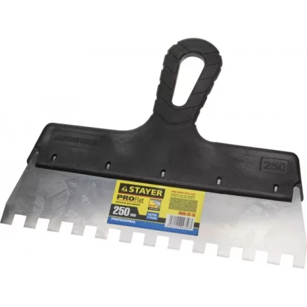 Шпатель STAYER &quot;PROFESSIONAL&quot; нержавеющий зубчатый с пластмассовой ручкой, 250мм, зуб 10х10мм 1009-25-10 купить в Ноябрьске