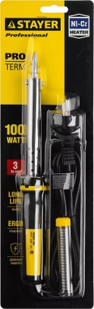Паяльник PROTerm с двухкомпонентной рукояткой, в комплекте с припоем и подставкой, жало - клин, STAYER Professional 55300-100, 100 Вт 55300-100 купить в Ноябрьске