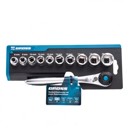Набор торцевых головок трещотка 120 зубьев 12 предметов 3/8&quot; CrV Gross 14139 купить в Ноябрьске