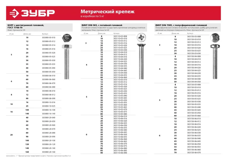 Винт ЗУБР "МАСТЕР" DIN 7985, класс прочности 4.8, оцинкованный, M5x12мм, 5кг 303150-05-012 купить в Ноябрьске