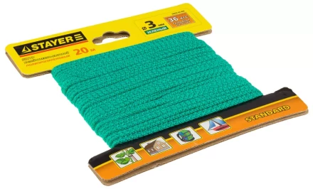 Шнур STAYER &quot;STANDARD&quot; хозяйственно-бытовой, полипропиленовый, вязанный, без сердечника, зеленый, d 3, 20м 50422-03-020 купить в Ноябрьске