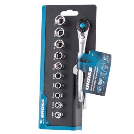 Набор торцевых головок трещотка 120 зубьев 12 предметов 1/4&quot; CrV Gross 14141 купить в Ноябрьске