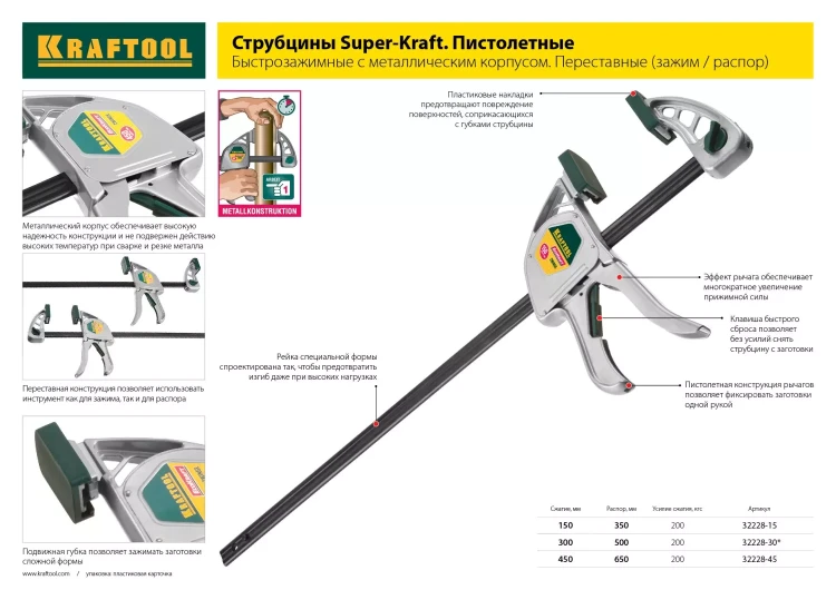 Струбцина "EcoKraft" ручная пистолетная, KRAFTOOL 32226-60, пластиковый корпус, 600/800мм, 150кгс 32226-60 купить в Ноябрьске