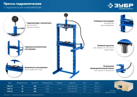 ЗУБР ПГН-10, 10 т, гидравлический пресс с гидронасосом и манометром, Профессионал (43072-10) купить в Ноябрьске