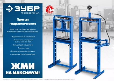 ЗУБР ПГН-10, 10 т, гидравлический пресс с гидронасосом и манометром, Профессионал (43072-10) купить в Ноябрьске