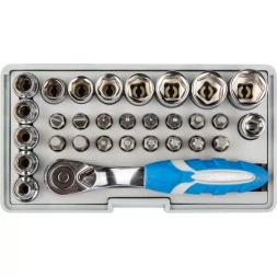 Набор ЗУБР &quot;ЭКСПЕРТ&quot;: Биты 16шт,торцов головки с мини трещоткой 12шт,адаптер для бит SQ 1/4&quot;хHex 1/4&quot;,удлинит 1/4&quot;/80мм 26054-H31