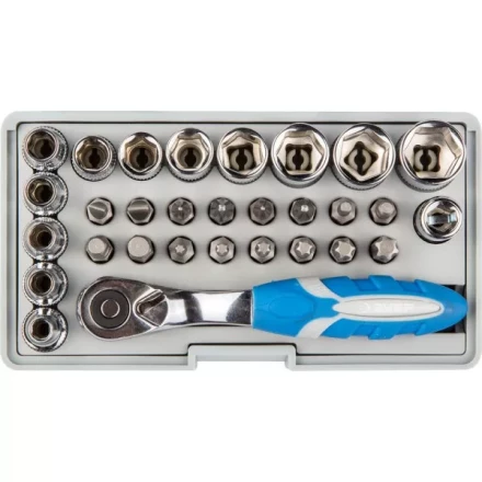 Набор ЗУБР &quot;ЭКСПЕРТ&quot;: Биты 16шт,торцов головки с мини трещоткой 12шт,адаптер для бит SQ 1/4&quot;хHex 1/4&quot;,удлинит 1/4&quot;/80мм 26054-H31 купить в Ноябрьске