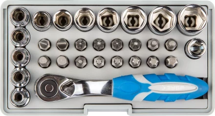 Набор ЗУБР &quot;ЭКСПЕРТ&quot;: Биты 16шт,торцов головки с мини трещоткой 12шт,адаптер для бит SQ 1/4&quot;хHex 1/4&quot;,удлинит 1/4&quot;/80мм 26054-H31 купить в Ноябрьске