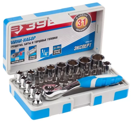 Набор ЗУБР &quot;ЭКСПЕРТ&quot;: Биты 16шт,торцов головки с мини трещоткой 12шт,адаптер для бит SQ 1/4&quot;хHex 1/4&quot;,удлинит 1/4&quot;/80мм 26054-H31 купить в Ноябрьске