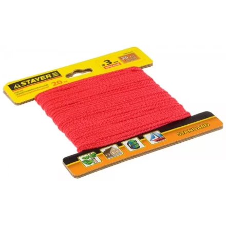 Шнур STAYER &quot;STANDARD&quot; хозяйственно-бытовой, полипропиленовый, вязанный, без сердечника, красный, d 3, 20м 50425-03-020 купить в Ноябрьске