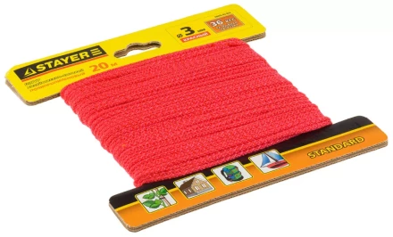 Шнур STAYER &quot;STANDARD&quot; хозяйственно-бытовой, полипропиленовый, вязанный, без сердечника, красный, d 3, 20м 50425-03-020 купить в Ноябрьске