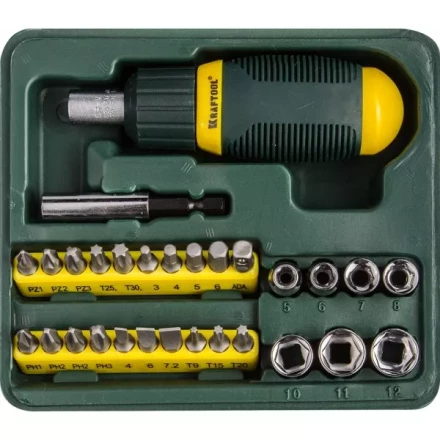 Набор KRAFTOOL Отвертка реверсивная с битами и торцовыми головками, 29 предметов 25556-H29 купить в Ноябрьске