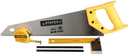 Набор STAYER &quot;STANDARD&quot; для столярных работ: ножовка по дереву 400 мм, угольник 200 мм, рулетка 3 м, 2 карандаша, 5 пред 15084-H5 купить в Ноябрьске