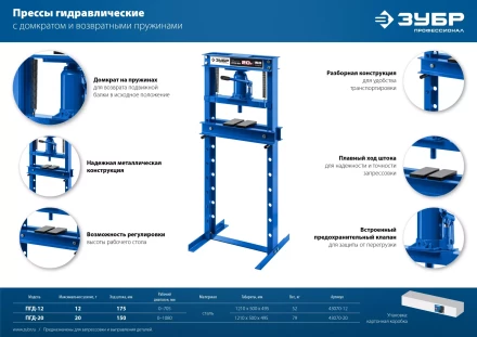 ЗУБР ПГД-20, 20 т, гидравлический пресс с домкратом и возвратными пружинами, Профессионал (43070-20) купить в Ноябрьске