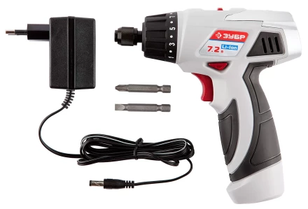 Шуруповерт ЗУБР 2-х скор,Li-Ion,реверс,15+1,зарядка 3-5ч,10мм,0-160 и 0-320об/мин,1,5А/ч,7,2В,набор бит,в блистере ЗДА-7.2-Ли Б купить в Ноябрьске