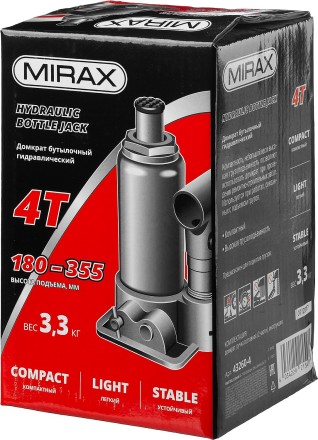 Домкрат гидравлический бутылочный, 4т, 180-355 мм, MIRAX 43260-4 43260-4 купить в Ноябрьске