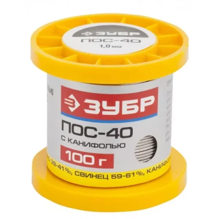 Припой ЗУБР, ПОС 40, трубка с канифолью, 100г, 1мм 55451-100-10C купить в Ноябрьске