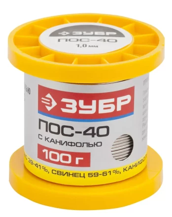 Припой ЗУБР, ПОС 40, трубка с канифолью, 100г, 1мм 55451-100-10C купить в Ноябрьске