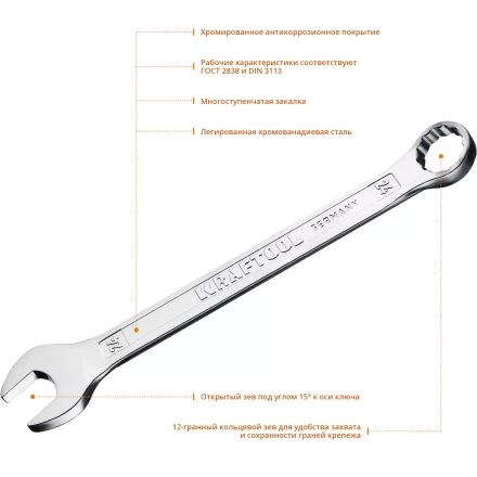 Ключи комбинированные KRAFTOOL, Cr-V, DIN 3113 27079-24 купить в Ноябрьске