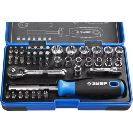 Набор ЗУБР &quot;ПРОФИ&quot;: Отвертка с двухкомп рукояткой, насадки и мини трещетка, 47 предм, пластиковый бокс 25283-H47 купить в Ноябрьске