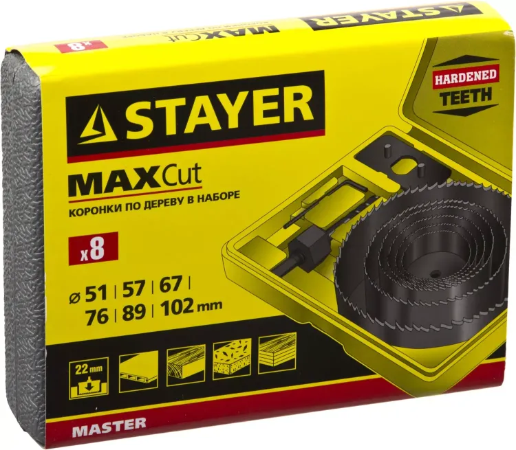Набор кольцевых коронок по дереву STAYER "MASTER" Д51, 57, 67, 76, 88, 102мм. 8шт. 29600-H8 купить в Ноябрьске