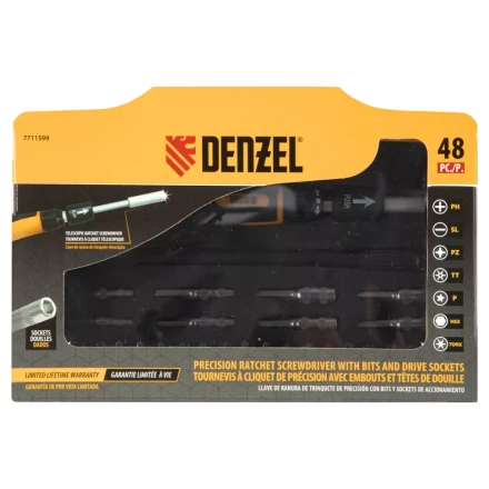 Отвертка с набором бит и торцевых головок для точных работ Denzel 7711599, гибкий привод, 48 шт, CrMo купить в Ноябрьске