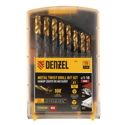 Набор сверл по металлу, 1-10 мм, HSS-Tin, Golden Tip, 19 шт Denzel 72321 купить в Ноябрьске
