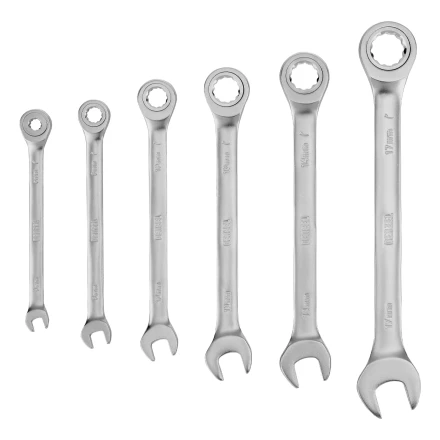 Набор ключей комбинированных трещоточных 6-17 мм, 6 шт., CrV, матовый хром// Denzel 14720 купить в Ноябрьске