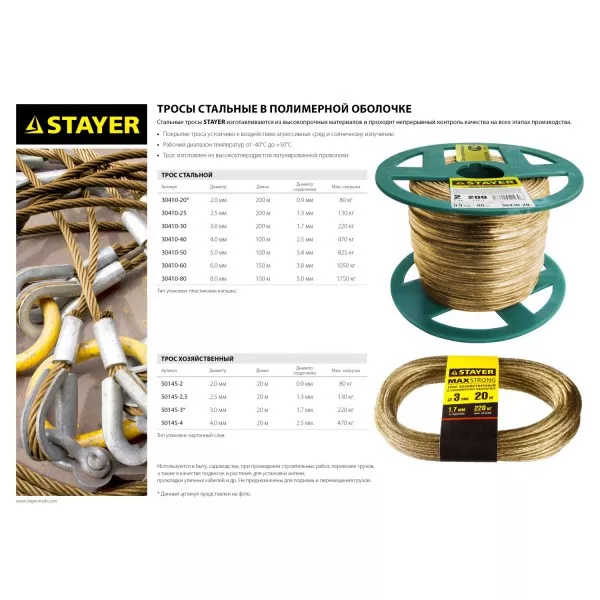 Трос стальной в полимерной оболочке, d=2,0 мм, L=200 м, STAYER Master 30410-20 30410-20 купить в Ноябрьске
