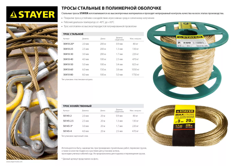 Трос стальной в полимерной оболочке, d=2,0 мм, L=200 м, STAYER Master 30410-20 30410-20 купить в Ноябрьске