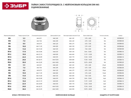Гайка DIN 985 с нейлоновым кольцом, M10, 4 шт, кл. пр. 6, оцинкованная, ЗУБР 303586-10 купить в Ноябрьске