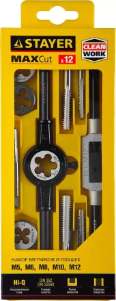 Набор метчиков и плашек STAYER &quot;MASTER&quot;, метчикодержатель 1шт, плашкодержатель 1шт, метчики 5шт, плашки 5шт, 12 предметов 28012-H12_z01 купить в Ноябрьске