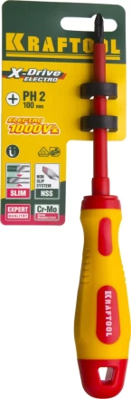 Отвертка KRAFTOOL, высоковольтная, Cr-Mo-V стержень, двухкомпонент. маслобензостойкая рукоятка, PH №2, 100мм 250084-2-100 купить в Ноябрьске